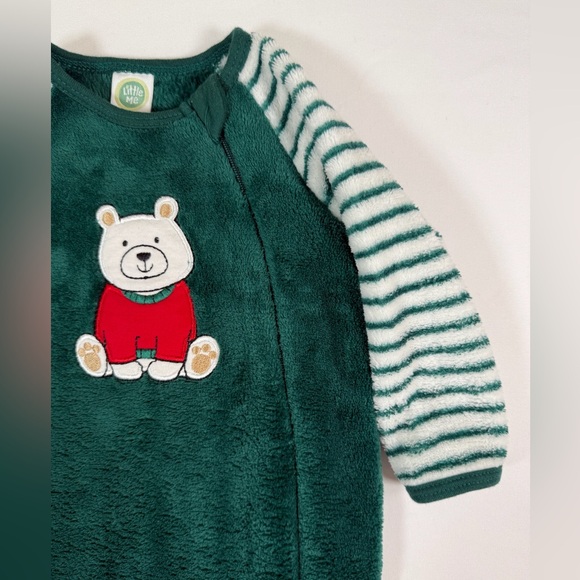 LITTLE ME Green Fleece Bear Footed Sleeper 3M Striped Sleeve Holiday Pajamas - Picture 4 of 8